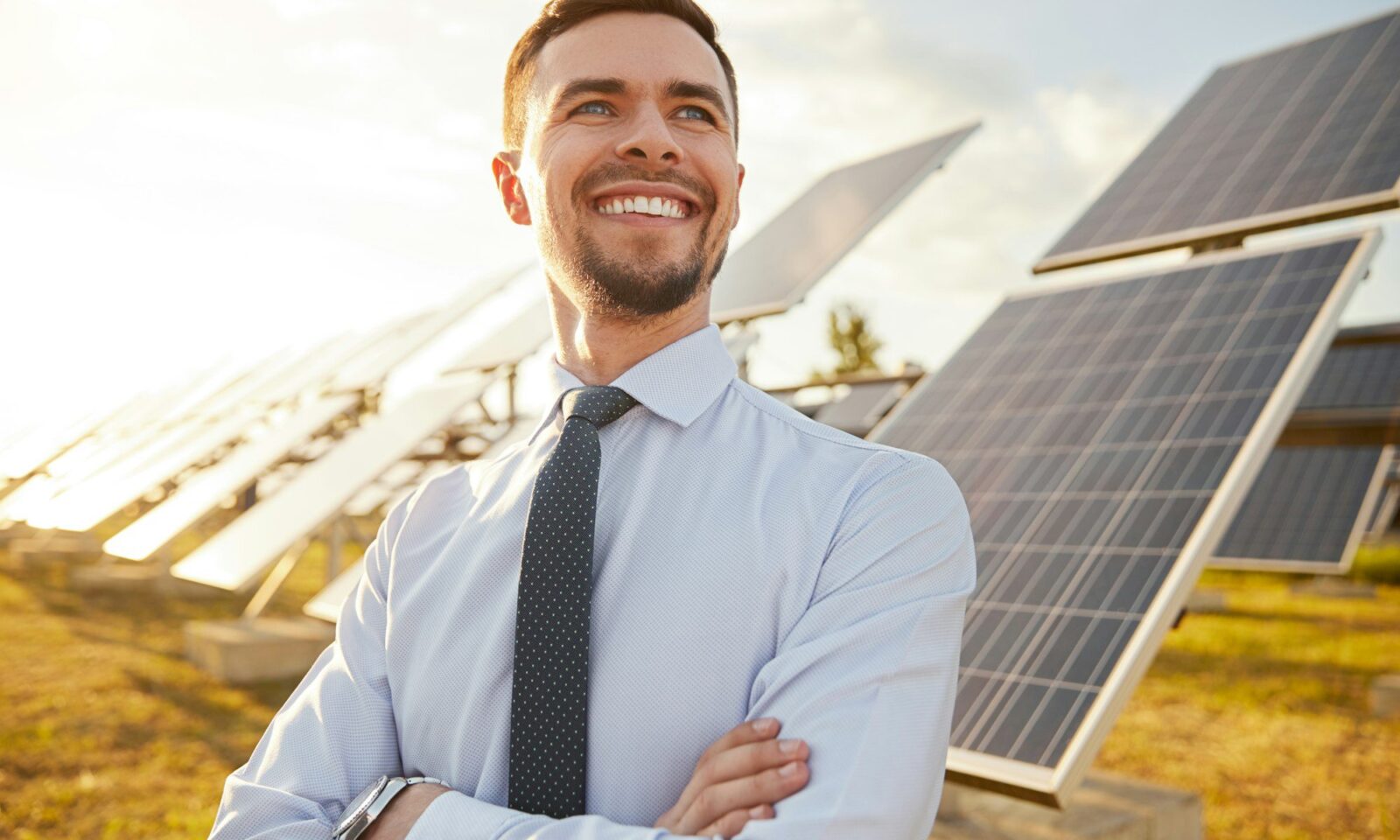 cheerful-investor-in-field-with-solar-batteries