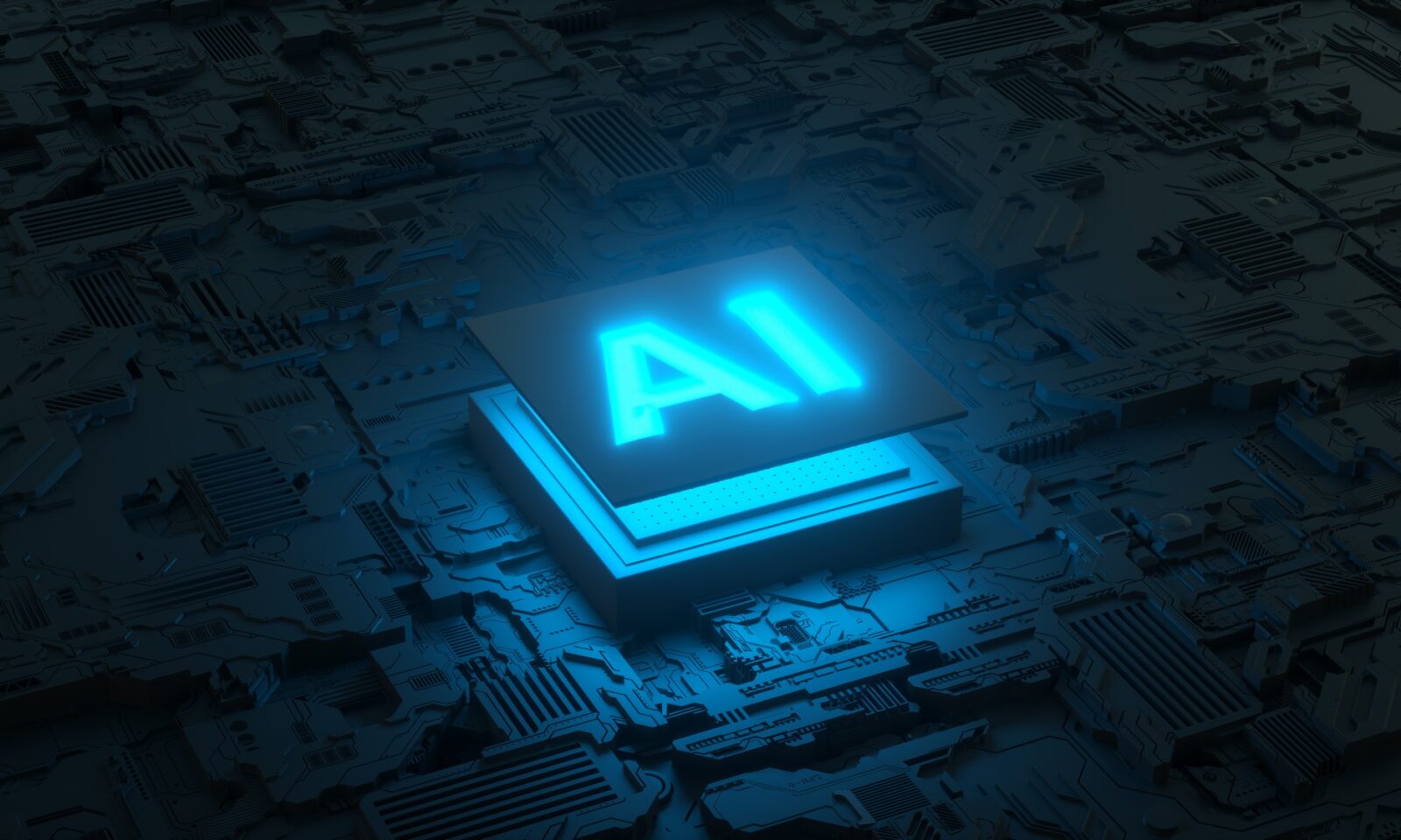 Carte électronique et microprocesseur IA, Intelligence artificielle de l'humain numérique. Rendu 3D