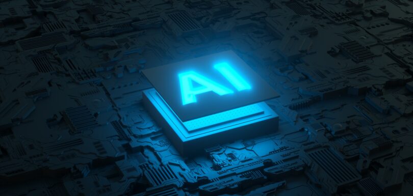 Carte électronique et microprocesseur IA, Intelligence artificielle de l'humain numérique. Rendu 3D
