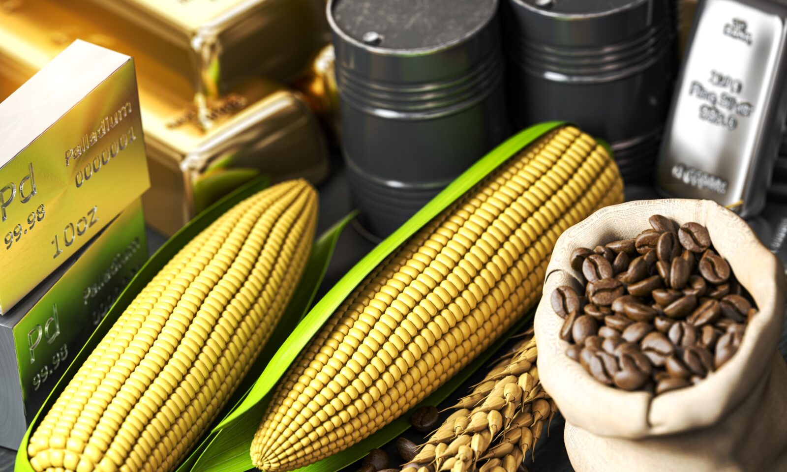 Commodities. Crude oil, gold, silver, palladium, wheat corn and coffee beans.